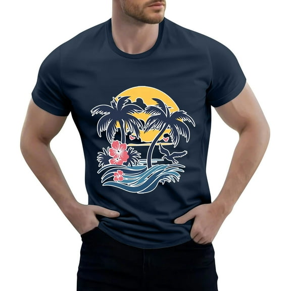 NAMTYQX Mens T Shirts Casual Baggy Short Sleeve Round Neck Hawaiian Breathable Patterned Plus Size Light Cool Polyester Shirts for Men Navy Size M