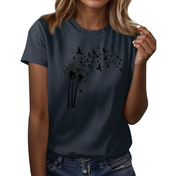 NAMTYQX Shirts for Women Bedrucken Cool Loose Casual Lightweight Plus Size Short Sleeve Printed Round Neck Tops for Women 2025 Blue Size S