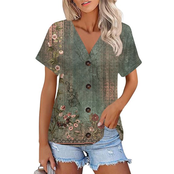 NAMTYQX Spring Blouses for Women 2025 Short Sleeve Light V Neck Casual Soft Patterned Open Front Loose Fitting Plus Size Fashion Dark Green Size 3XL