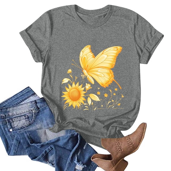 NAMTYQX Summer Tops for Women 2025 Scoop Neck Muster Graphic Light Casual Short Sleeve Airoft Plus Size Loose Fitting Cute Shirts for Women Gray Size M