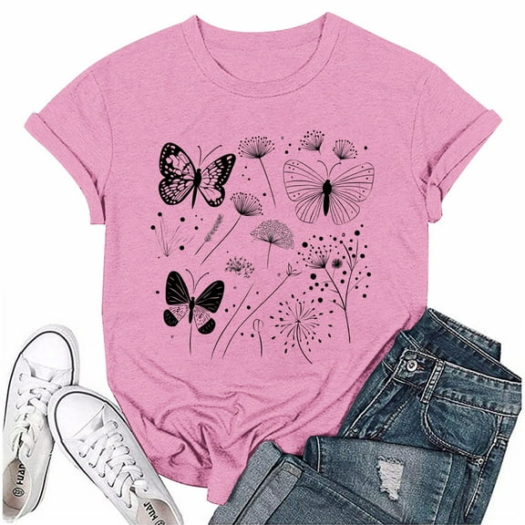 NAMTYQX Women's T-Shirts Plus Size Loose Fit Graphic Scoop Neck Short Sleeve Bedruckt Light Hawaii Cool Basic Tees for Women Pink Size L