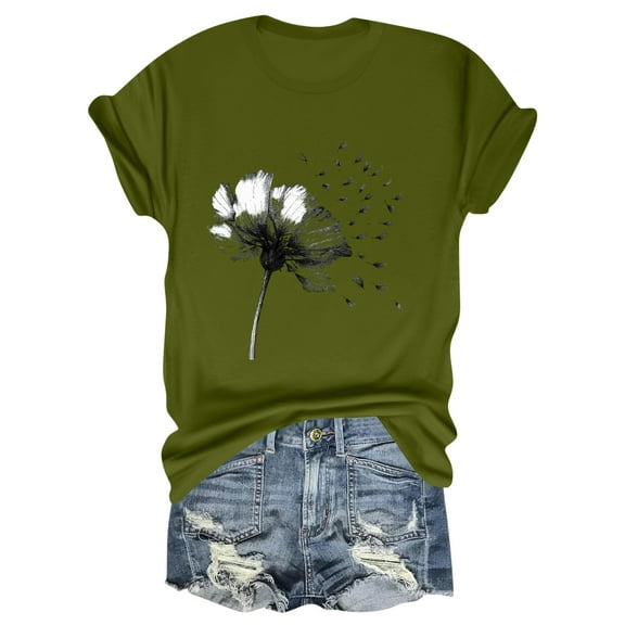 NAMTYQX Womens Casual Tops Baggy Casual Cool Print Short Sleeve Plus Size Stretch Crew Neck Gemustertes Graphic Tees Green Size M