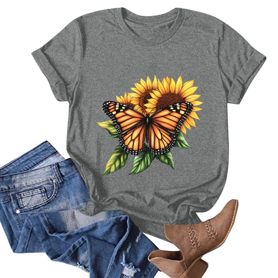 NAMTYQX Womens Graphic Tees Cool Gemustert Plus Size Short Sleeve Loose Casual Round Neck Patterned Light Floral Tops for Women Gray Size S