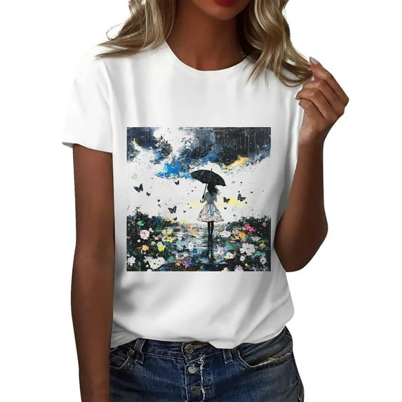 NAMTYQX Womens Graphic Tees Short Sleeve Print Fashion Cool Scoop Neck Light Baggy Bedrucktes Plus Size Tops for Women 2025 Multicolor Size 5XL