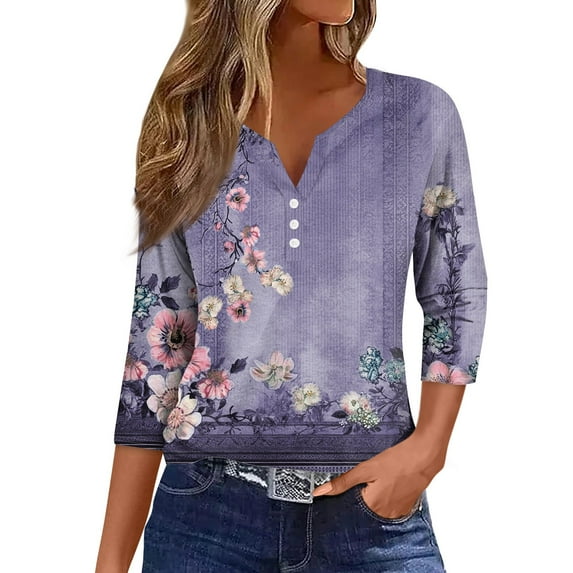 NAMTYQX Womens Shirts Dressy Casual Soft 3/4 Sleeve Casual Button V Neck Plus Size Comfort Relaxed Fit Fashion Purple Pink Size 2XL
