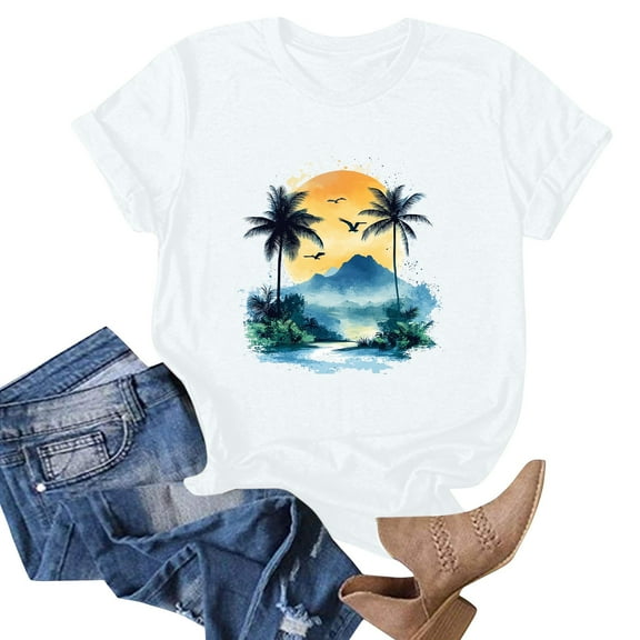 NAMTYQX Womens Spring Tops Stretchy O-Neck Short Sleeve Muster Hawaiian Cool Boxy Fit Graphic Oversize Summer Shirts for Women 2025 White Size XL