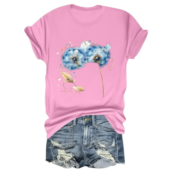 NAMTYQX Womens Tops Dressy Casual Stylish Print Bedrucktes Short Sleeve Loose Fitting Plus Size Cool Light Scoop Neck Womens Tops Pink Size L