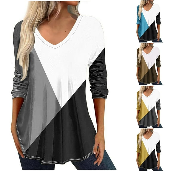 New Summer Womens Tops 2024 3/4 Sleeves Plus Size Fashion Multi-color V-neck Seven Quarter Sleeve Patchwork Printed Tops Long Sleeved V-neck Tops/Shirt