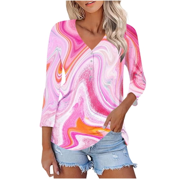 New Summer Womens Tops 2024 3/4 Sleeves Plus Size Fashion Spring And Summer Print Top Collar Button Sexy Shirt 3/4 Sleeve Long Sleeve V Neck Top/Shirt