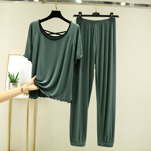 Pajama Set for Women 2 Piece Lounge Set Women Fashion Loose Flash Short Sleeve T-shirt High Waist Shorts Two-piece Home Casual Pajamas Suit Green 2XL