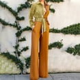 thumbnail image 1 of Pitauce Jumpsuits for Women Patchwork Button Down Long Sleeve Jumpsuit Straight Wide Leg Pants Sparkling Long Romper with Belt Pocket, 1 of 6
