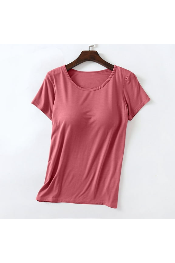 Summer Tops for Women Modal Built-in-Bra T-Shirts Crew Neck Wireless Short Sleeve Tee Tops Plus Size Blouses with Chest Pad