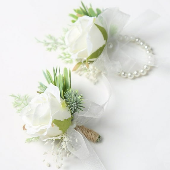 Rose Wrist Corsage Fake Flowers Artificial Flowers Wrist Strap Bracelet And Corsage Set For Men White Wedding Floral Accessories Prom Set Decorations Graduation Season