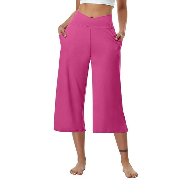 Clearance under 10$ Sevevn Solid Elastic Waist Pocket Cropped Pants Casual Stretchy Stylish Pants For Spring Summer Women's Clothing Gift for Girls Hot Pink L