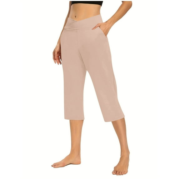 Clearance under 10$ Sevevn Solid Elastic Waist Pocket Cropped Pants Casual Stretchy Stylish Pants For Spring Summer Women's Clothing Great Gifts for Less Khaki XXXL