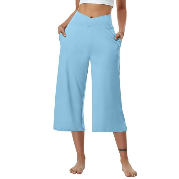 Clearance under 10$ Sevevn Solid Elastic Waist Pocket Cropped Pants Casual Stretchy Stylish Pants For Spring Summer Women's Clothing Spring Tops for Women Light Blue XL