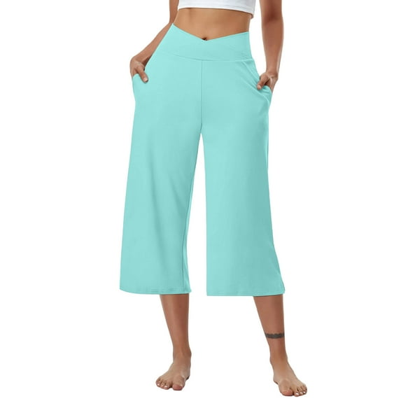 Clearance under 10$ Sevevn Solid Elastic Waist Pocket Cropped Pants Casual Stretchy Stylish Pants For Spring Summer Women's Clothing Summer Clearance Mint Green L