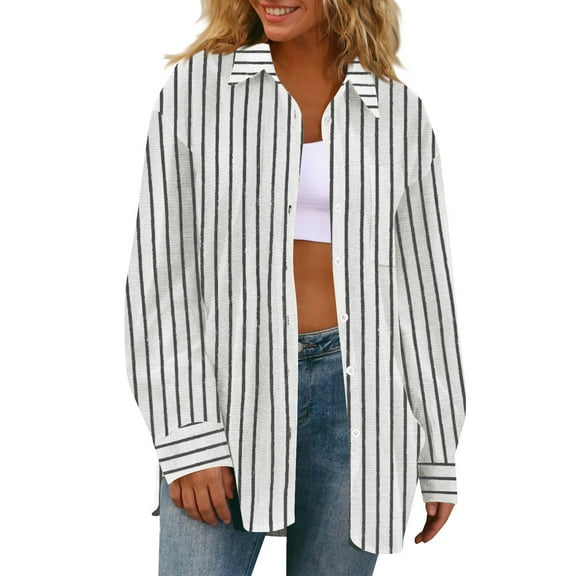Clearance under 10$ Sevevn Striped Button Down Shirts For Women Dress Shirts Long Sleeve Casual Collared Office Work Shirt With Pocket Gift for Girls Gray S