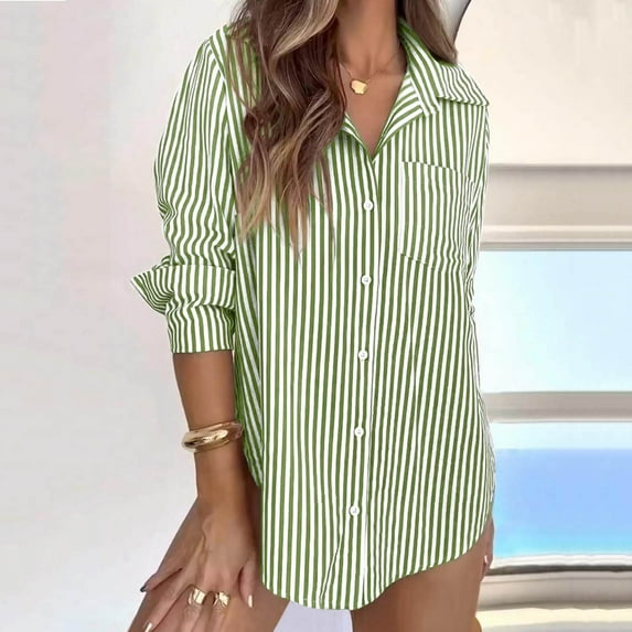 Clearance under 10$ Sevevn Striped Button Down Shirts For Women Dress Shirts Long Sleeve Casual Collared Office Work Shirt With Pocket Summer Gift Green XXXXXL