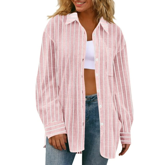 Clearance under 10$ Sevevn Striped Button Down Shirts For Women Dress Shirts Long Sleeve Casual Collared Office Work Shirt With Pocket Summer Gift Pink M