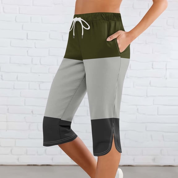 Clearance under 10$ Sevevn Women Solid Printing Elastic Waist Sports Casual Capris Pants With Side Pockets Beach Vacation Clothes for Women Army Green M