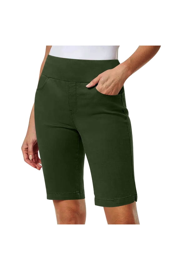 under 10$ Sevevn Women Solid Stretch Twill Shorts Thin Waist Pull Regular Hiking Shorts Bermuda Summer Casual With Pockets Online Green XXL