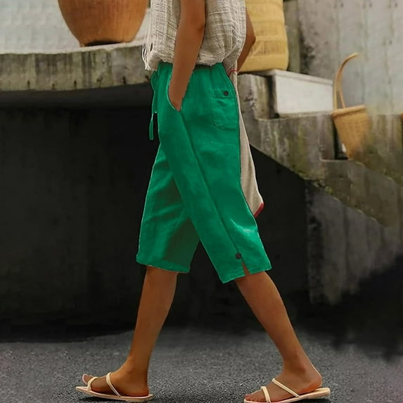 Clearance under 10$ Sevevn Women Summer Pants Casual Solid Color Drawstring Side Button Elastic Waist Linen Pockets Pants Great Gifts for Less Green XL