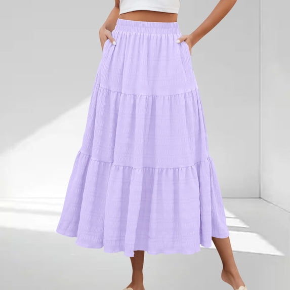 Clearance under 10$ Sevevn Women Summer Solid Color Casual Long Skirt With High Waist And Flowing Long Skirt With Pockets And Half Skirt Spring Tops for Women Purple XL