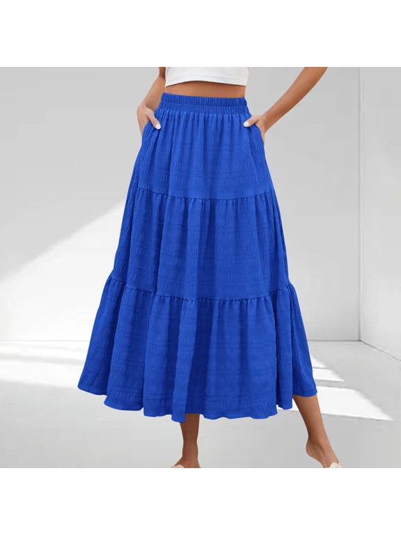 Women Summer Solid Color Casual Long Skirt With High Waist And Flowing Long Skirt With Pockets And Half Skirt Summer Gift Blue XXL