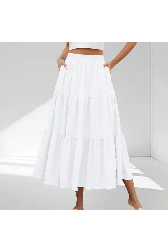 Clearance under 10$ Sevevn Women Summer Solid Color Casual Long Skirt With High Waist And Flowing Long Skirt With Pockets And Half Skirt Summer Gift White M