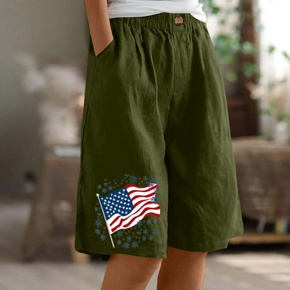 Sevevn Women's Casual Printed Half Shorts Pants Summer Elastic Waist Buttons Casual Pockets Pants End of Year Clearance Army Green XXL