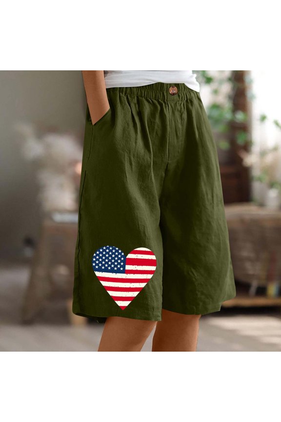 Women's Casual Printed Half Shorts Pants Summer Elastic Waist Buttons Casual Pockets Pants Sales Today Clearance Army Green XL