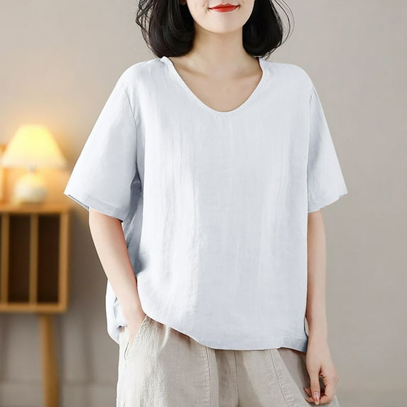 Clearance under 10$ Sevevn Women's Casual Solid Color Vintage Cotton Linen T-shirt Embroidered Crew-neck Top Short Sleeve Crew-neck Top/shirt Beach Vacation Clothes for Women White XL