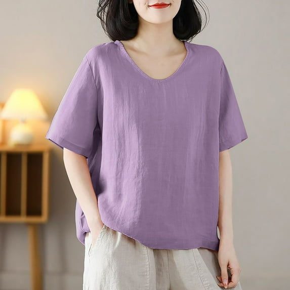 Sevevn Women's Casual Solid Color Vintage Cotton Linen T-shirt Embroidered Crew-neck Top Short Sleeve Crew-neck Top/shirt Summer Clearance Purple L