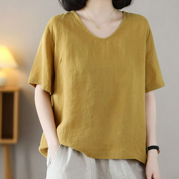 Sevevn Women's Casual Solid Color Vintage Cotton Linen T-shirt Embroidered Crew-neck Top Short Sleeve Crew-neck Top/shirt Summer Gift Yellow L