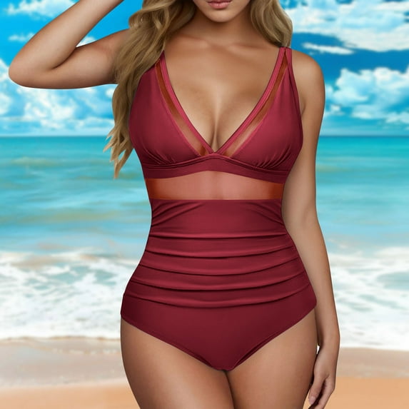 Sevevn Women's Fashion Paired With Multi-color Printed Swimsuits Tight Fitting And Gathering Swimsuits Clearance Sales Online Deals Wine M