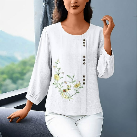 Clearance under 10$ Sevevn Women's Loose And Cotton And Linen Shirt With Three Quarter Sleeves And Round Neck Top/shirt Beach Vacation Clothes for Women White XXXL