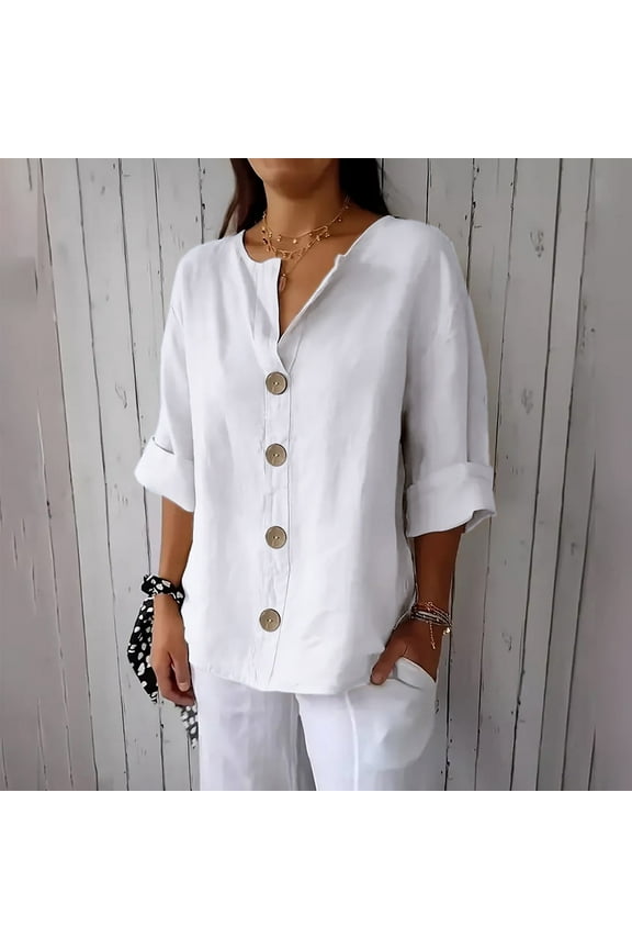 Women's New Solid Color V-neck Quarter 3/4 Sleeve Loose Cotton And Linen Button Up Top Beach Vacation Clothes for Women White XL