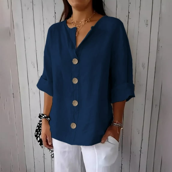 Sevevn Women's New Solid Color V-neck Quarter 3/4 Sleeve Loose Cotton And Linen Button Up Top Sales Today Dark Blue XXXXL