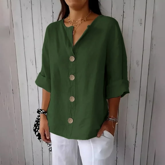 Sevevn Women's New Solid Color V-neck Quarter 3/4 Sleeve Loose Cotton And Linen Button Up Top Spring Tops for Women Army Green XXL