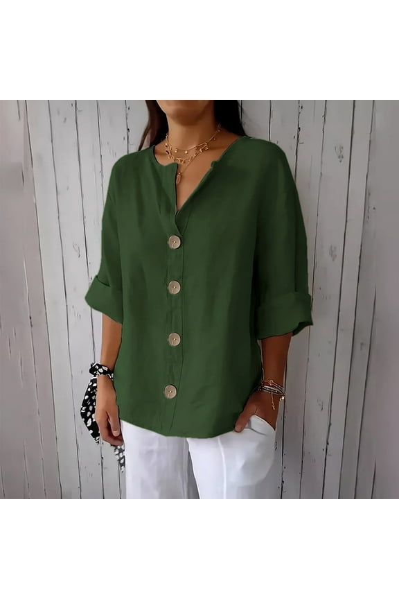 Women's New Solid Color V-neck Quarter 3/4 Sleeve Loose Cotton And Linen Button Up Top Spring Tops for Women Army Green XXL