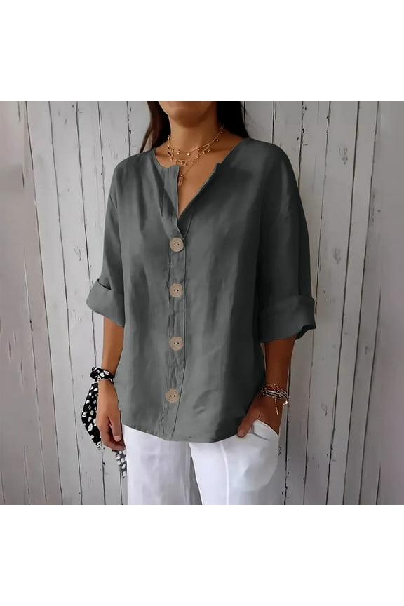Women's New Solid Color V-neck Three Quarter Sleeve 3/4 Loose Cotton And Linen Top With Decorative Buttons Deal of the Week Gray XXXXL