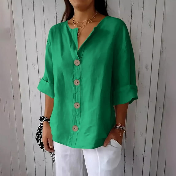 Clearance under 10$ Sevevn Women's New Solid Color V-neck Three Quarter Sleeve 3/4 Loose Cotton And Linen Top With Decorative Buttons Deal of the Week Green XXXXL