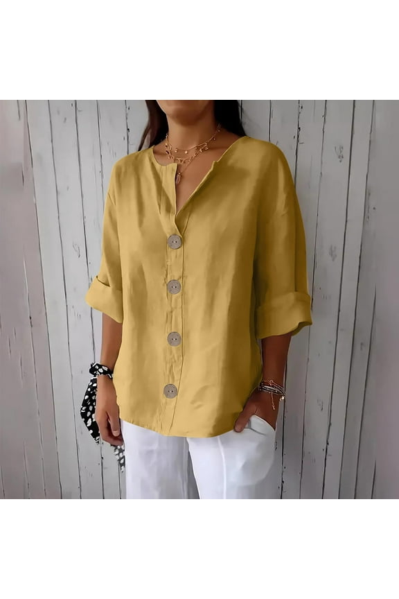 Women's New Solid Color V-neck Three Quarter Sleeve 3/4 Loose Cotton And Linen Top With Decorative Buttons Holiday Gift Finder Yellow XL