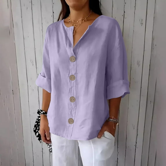 Clearance under 10$ Sevevn Women's New Solid Color V-neck Three Quarter Sleeve 3/4 Loose Cotton And Linen Top With Decorative Buttons Rollbacks Purple 2 S