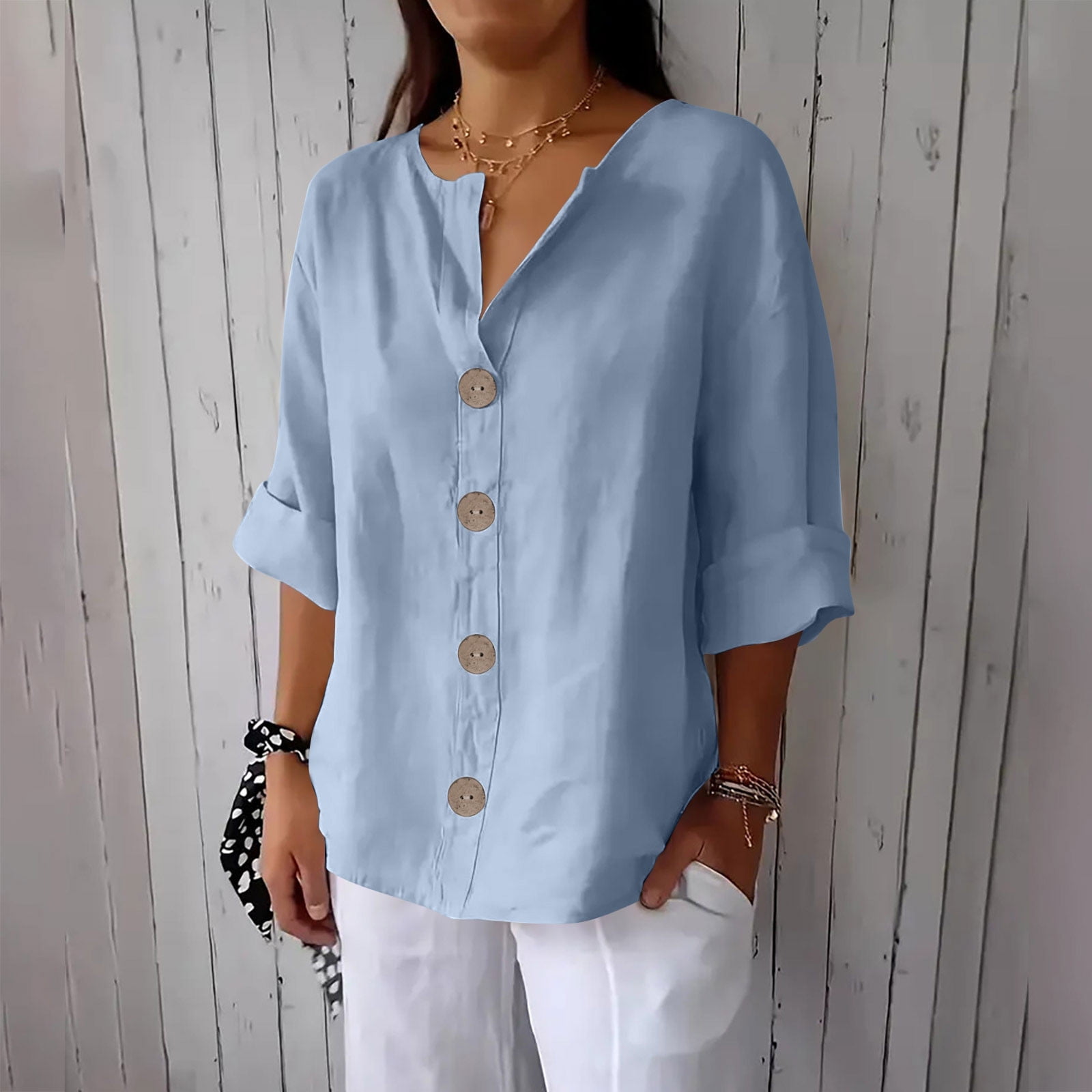 Sevevn Women's Solid Color V-neck Three Quarter Sleeve Cotton Linen Top ...
