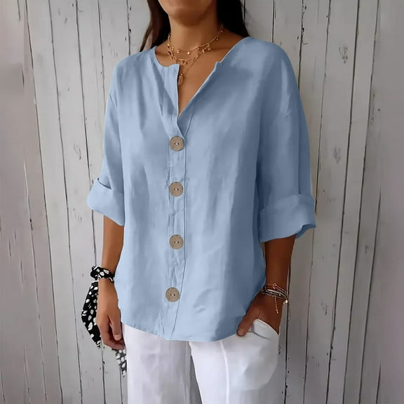 Sevevn Women's New Solid Color V-neck Three Quarter Sleeve 3/4 Loose Cotton And Linen Top With Decorative Buttons Summer Light Blue XXL