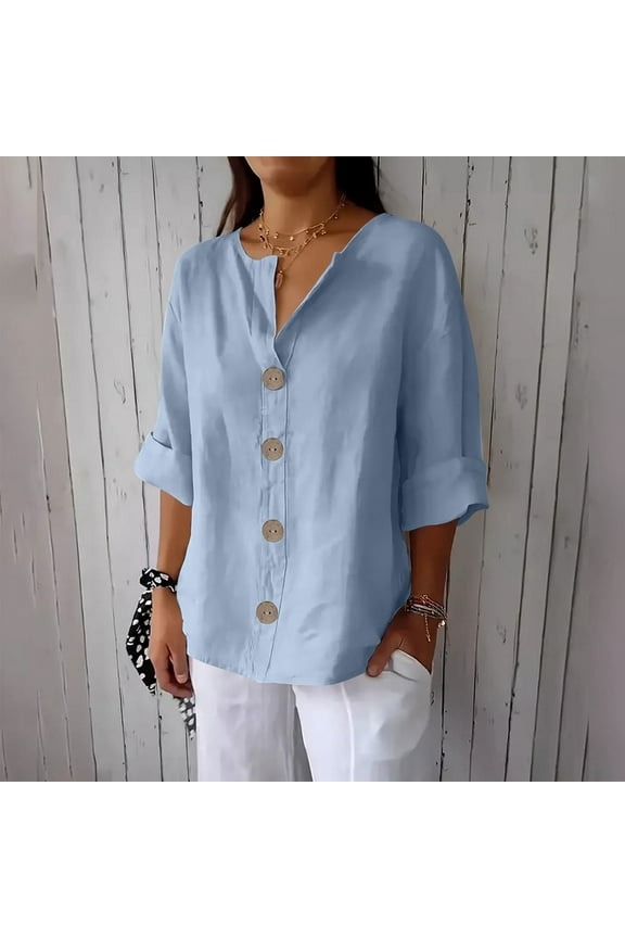Women's New Solid Color V-neck Three Quarter Sleeve 3/4 Loose Cotton And Linen Top With Decorative Buttons Summer Light Blue XXL