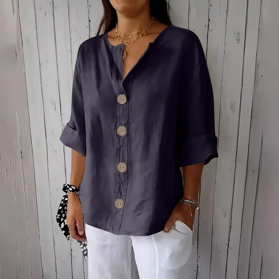Clearance under 10$ Sevevn Women's New Solid Color V-neck Three Quarter Sleeve 3/4 Loose Cotton And Linen Top With Decorative Buttons Summer Savings Gray 1 XL