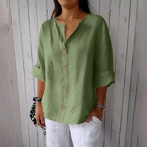 Sevevn Women's New Solid Color V-neck Three Quarter Sleeve 3/4 Loose Cotton And Linen Top With Decorative Buttons Women Beach Fashion Army Green XL